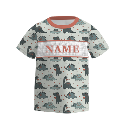 Boys Spring Summer Dinosour Custom Name Smock Embroidery Top & Romper