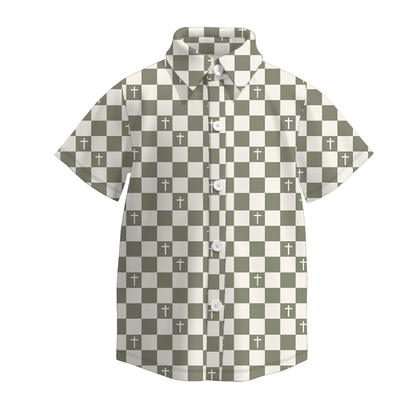 Boys Spring Easter Cross Plaid Short Sleeves Shirt