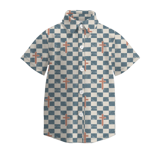 Boys Spring Easter Cross Plaid Short Sleeves Shirt