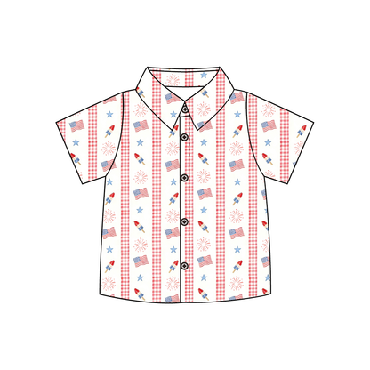 2026 July 4th Blue Red Flag Print Kids Shirt & Dress