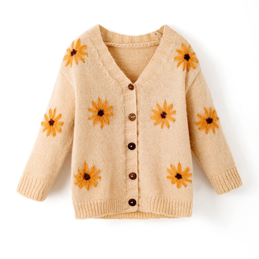 Kids Knitted Cardigan with Embroidered Sunflowers