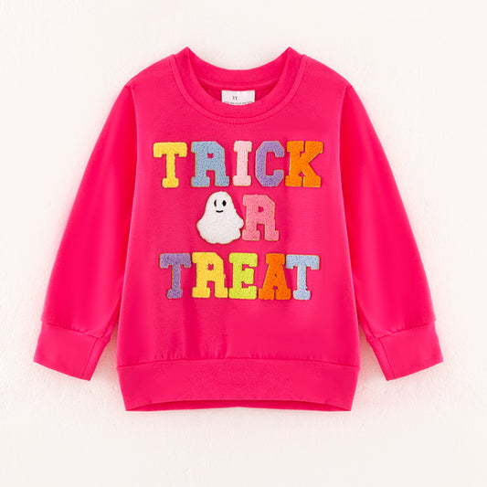 Girls Halloween TRICK OR TREAT Chenille Patches Hot Pink Sweatshirt