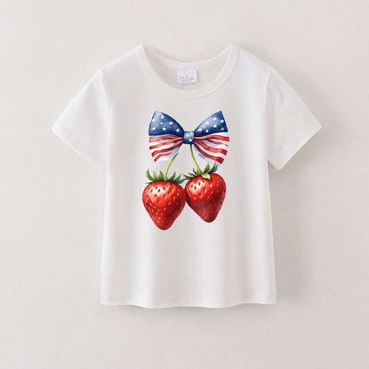 Girls 4th Of July Strawberry Print Cotton T-shirt