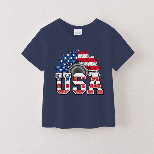 Girls 4th Of July USA Flag Print Navy Cotton T-shirt
