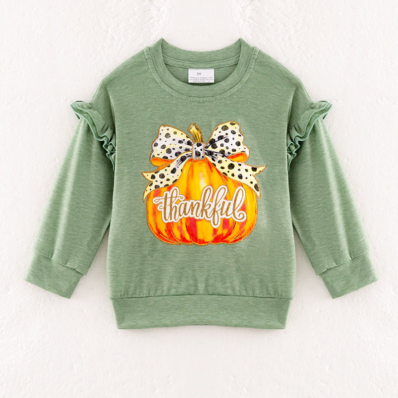 Girls Thanksgiving Pumpkin Bow Ruffled Green Sweatshirt