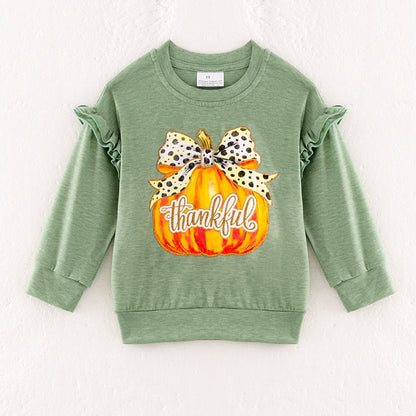 Girls Thanksgiving Pumpkin Bow Ruffled Green Sweatshirt