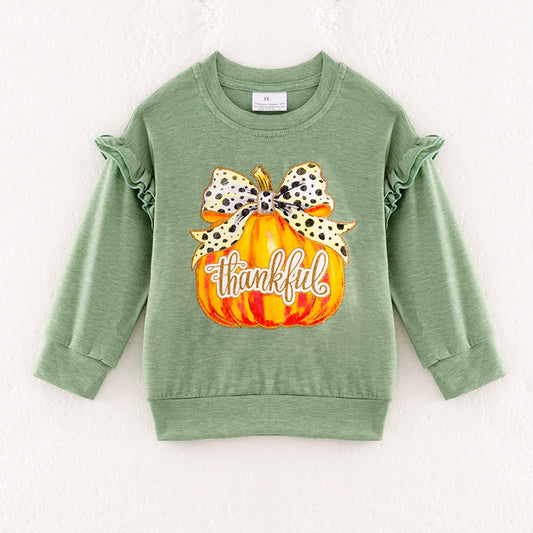 Girls Thanksgiving Pumpkin Bow Ruffled Green Sweatshirt