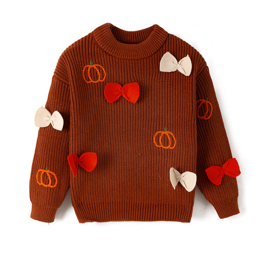 Brown Pumpkin Sweater with Bow Embroidery – Fall Must-Have