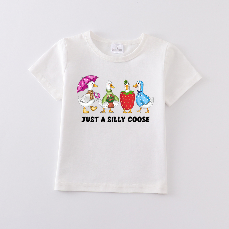 Multi-Colors Girls Summer Goose Print White Cotton T-shirt