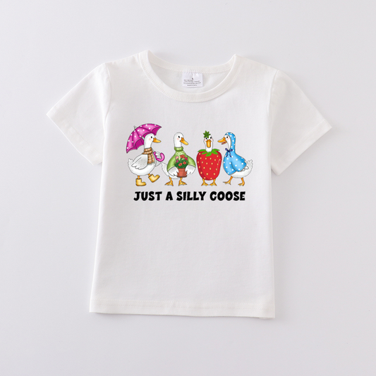 Multi-Colors Girls Summer Goose Print White Cotton T-shirt