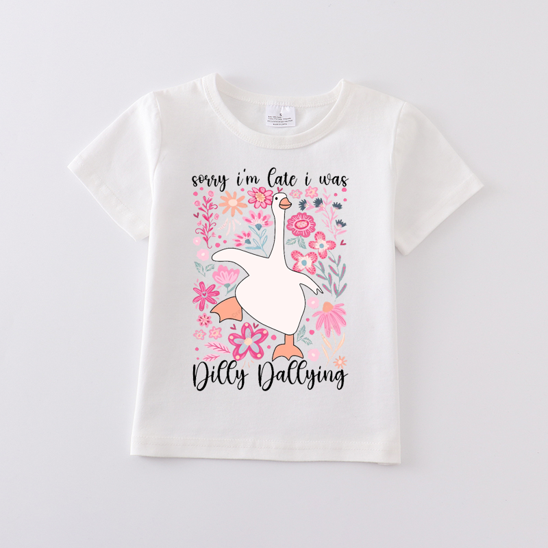 Multi-Colors Girls Summer Goose Print White Cotton T-shirt
