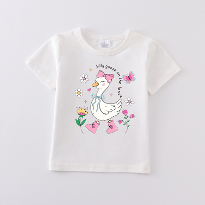 Multi-Colors Girls Summer Goose Print White Cotton T-shirt