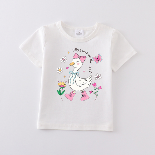 Multi-Colors Girls Summer Goose Print White Cotton T-shirt