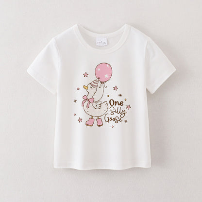 Multi-Colors Girls Summer Goose Print White Cotton T-shirt