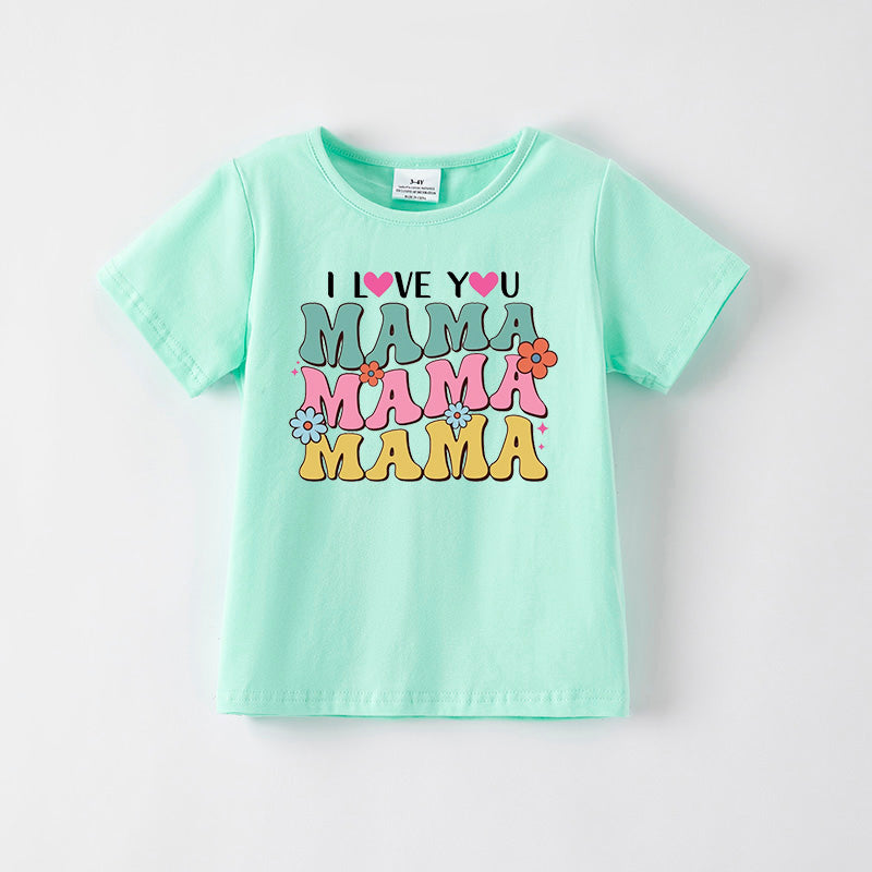 Girls Mother's Day Print Blue Green Cotton T-Shirt