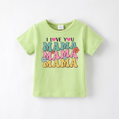 Girls Mother's Day Print Blue Green Cotton T-Shirt
