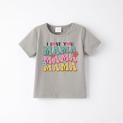 Mother's Day Girls Mommy And Me Grey Print Cotton T-Shirt