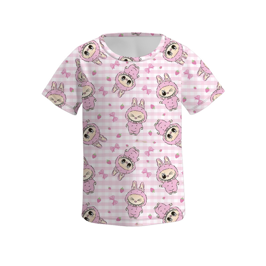 Girls Summer Hot Seller Cartoon Print Pink Short Sleeves Top