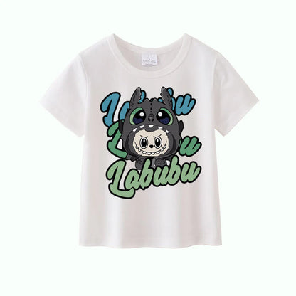 Girls Summer Labubu Cartoon Print White Black Cotton T-shirt