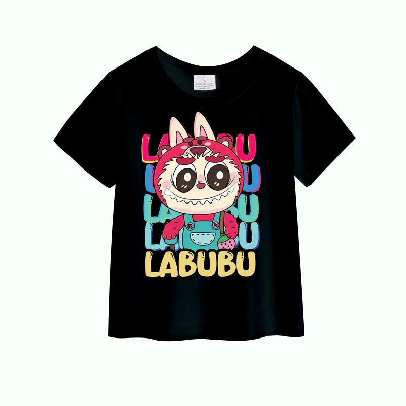 Girls Summer Labubu Cartoon Print White Black Cotton T-shirt