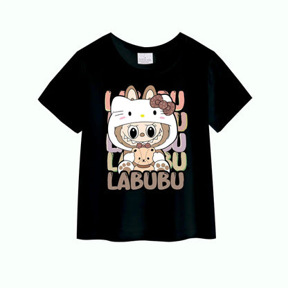 Girls Summer Labubu Cartoon Print White Black Cotton T-shirt