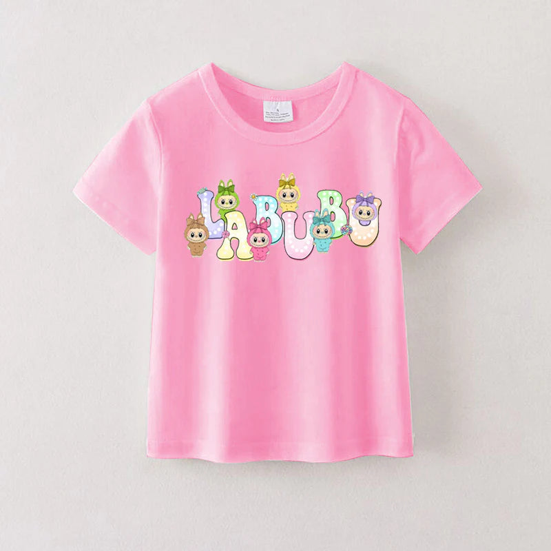 Girls Summer LABUBU Cartoon Print Cotton T-Shirt