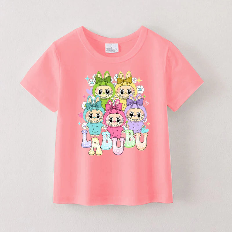 Girls Summer LABUBU Cartoon Print Cotton T-Shirt