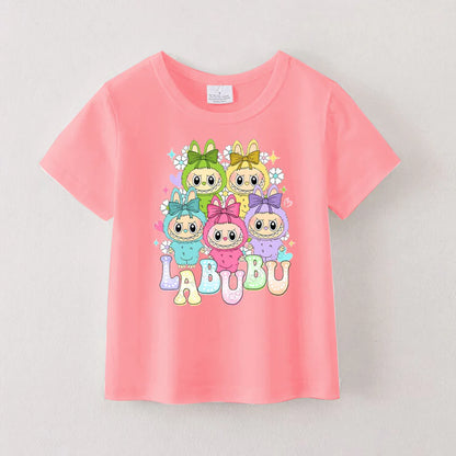 Girls Summer LABUBU Cartoon Print Cotton T-Shirt