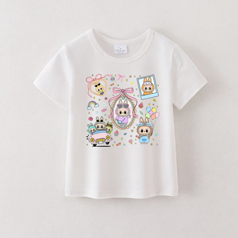 Girls Summer LABUBU Cartoon Print Cotton T-Shirt