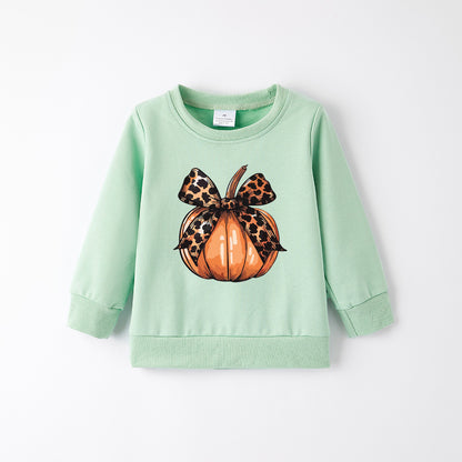 Girls Halloween Cotton Sweatshirt – Cute Pumpkin & Bow Print