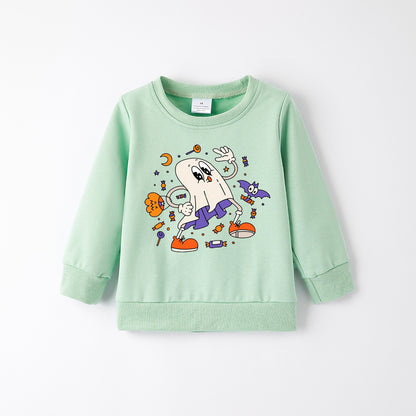 Girls Halloween Cotton Sweatshirt – Cute Ghost & Bat Print