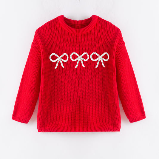New Oversize Christmas Embroidered Bow Sweaters for Kids – Cozy & Festive