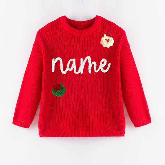 Cozy Oversize Custom Name Santa  Embroidered Red Sweaters – Festive for Winter
