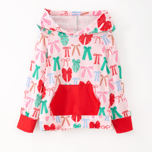 Girls Christmas Red Green Bow Print Soft Pocket Milk Silk Hoodies