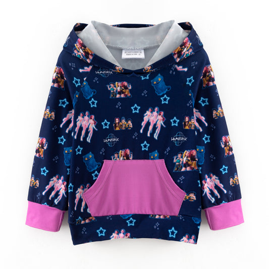 2025 Fall Girls Hot Pink Kpop Demon Hunter Printed Pocket Hoodie