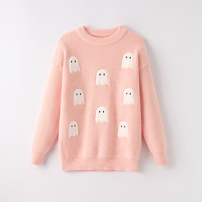 Mommy And Me Girls Halloween Ghost Applique Pink Sweater