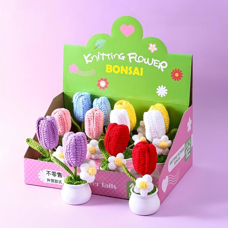 Handmade Knitted Flower Bonsai Set – Crochet Potted Flower Gift Box (12pcs Assorted Styles)