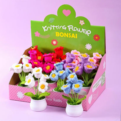 Handmade Knitted Flower Bonsai Set – Crochet Potted Flower Gift Box (12pcs Assorted Styles)