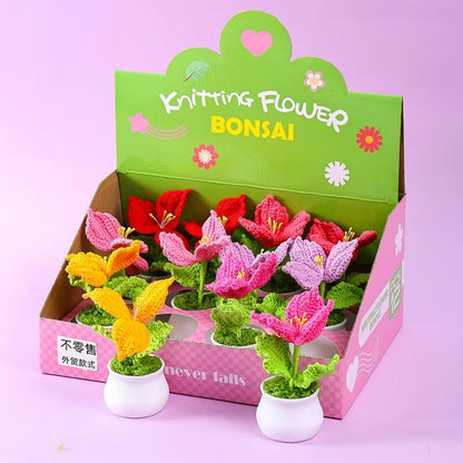 Handmade Knitted Flower Bonsai Set – Crochet Potted Flower Gift Box (12pcs Assorted Styles)