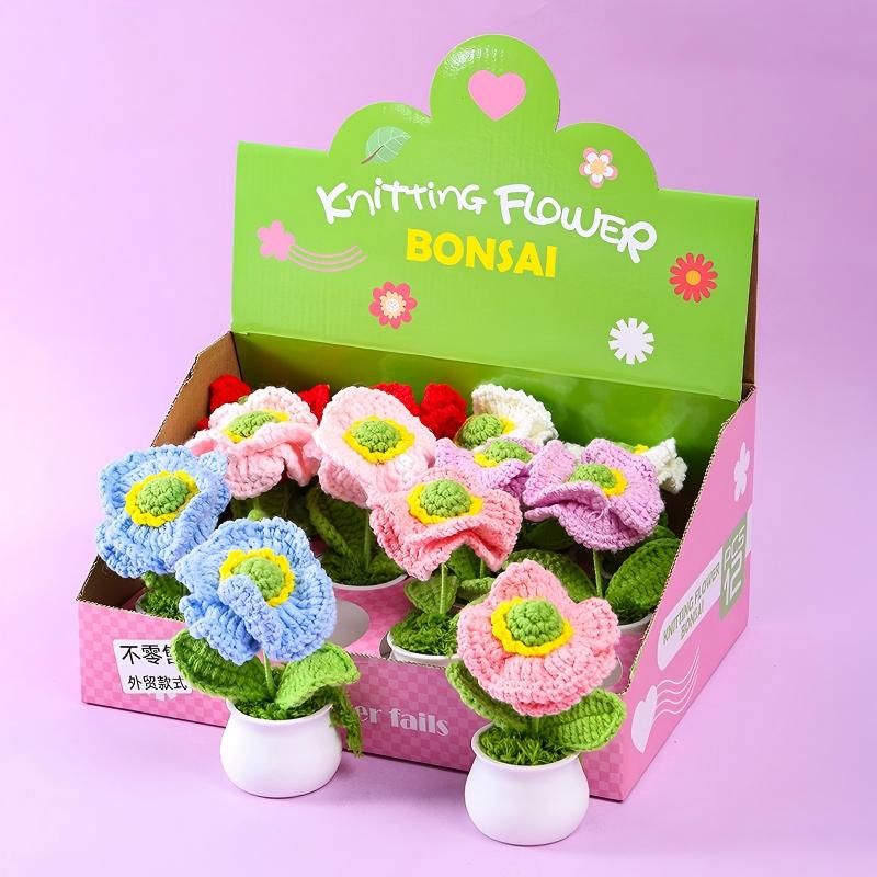 Handmade Knitted Flower Bonsai Set – Crochet Potted Flower Gift Box (12pcs Assorted Styles)