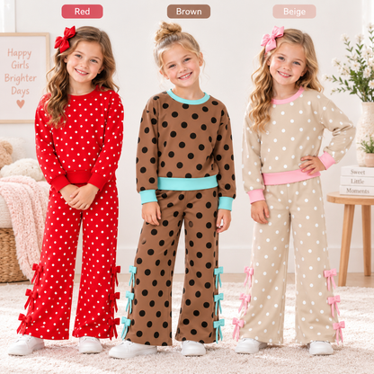 Girls Polka Dot Bow Pants Set – Long Sleeve Top & Wide Leg Pants Outfit