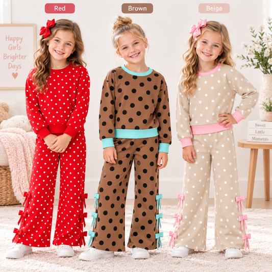 Girls Polka Dot Bow Pants Set – Long Sleeve Top & Wide Leg Pants Outfit