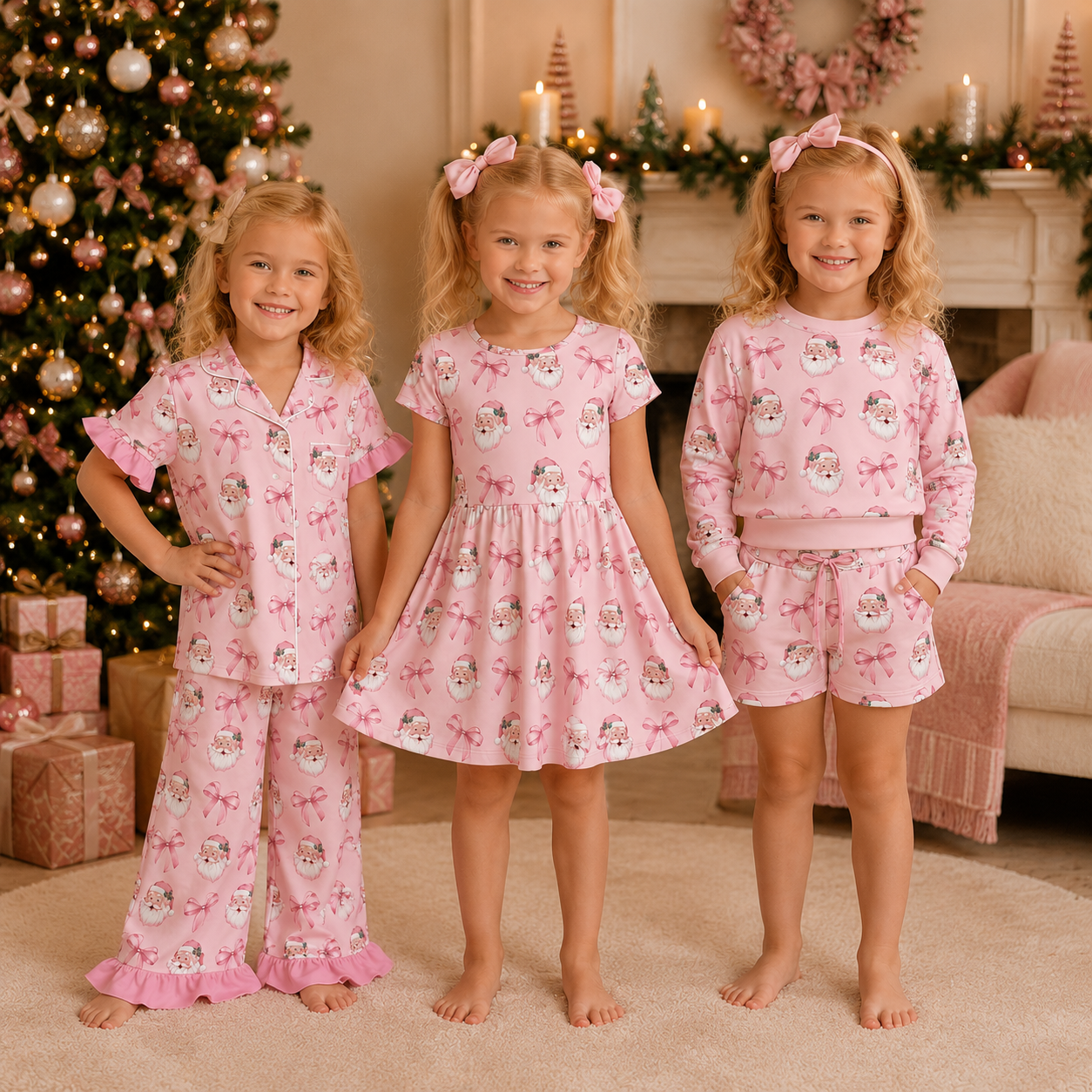 Girls Pink Christmas Santa & Bow Collection – Holiday Pajama Set, Dress & Shorts Set