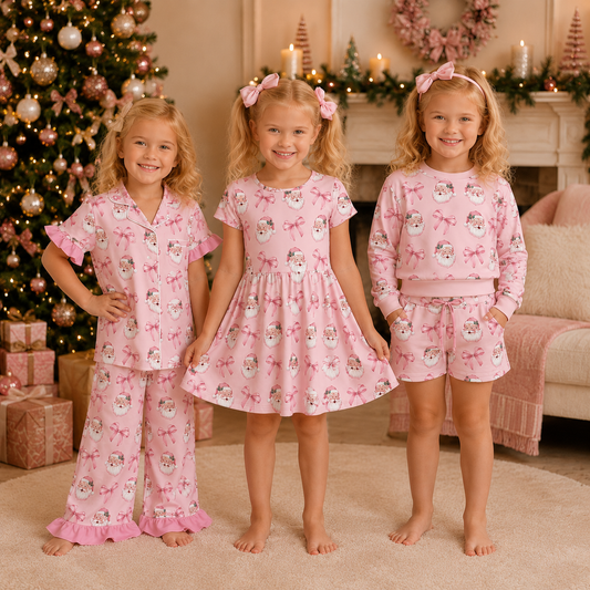 Girls Pink Christmas Santa & Bow Collection – Holiday Pajama Set, Dress & Shorts Set