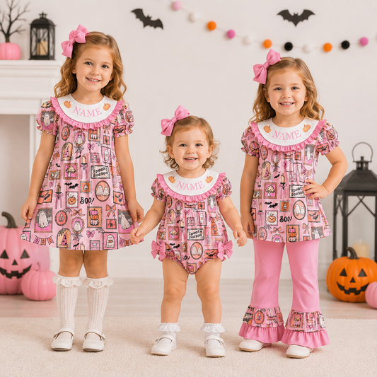 Personalized Pink Halloween Boutique Collection | Custom Name Ghost & Pumpkin Dress, Bubble Romper & Ruffle Pants Set