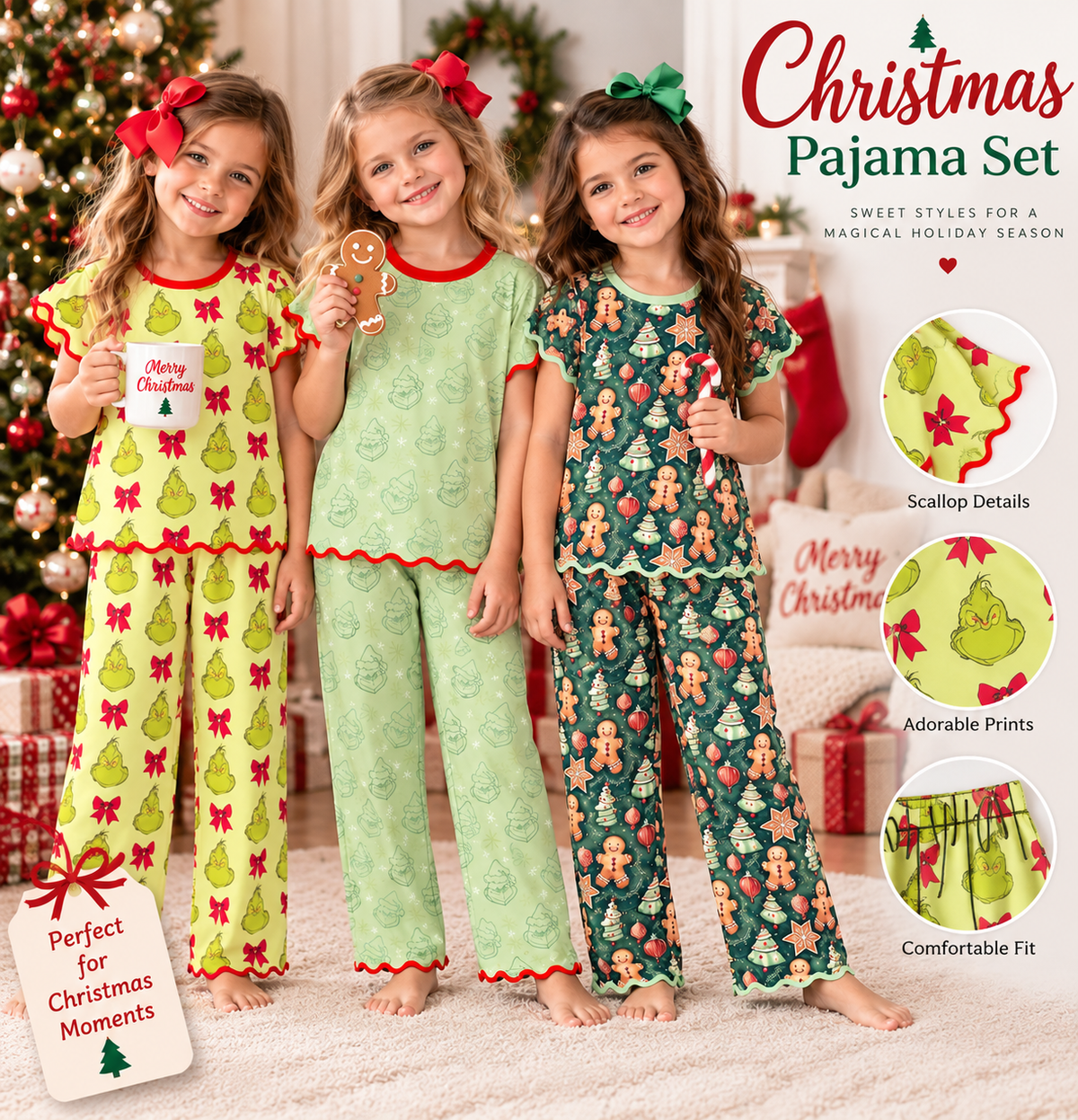 Girls Christmas Pajama Set – Holiday Character & Gingerbread Print Scallop Two-Piece Outfit