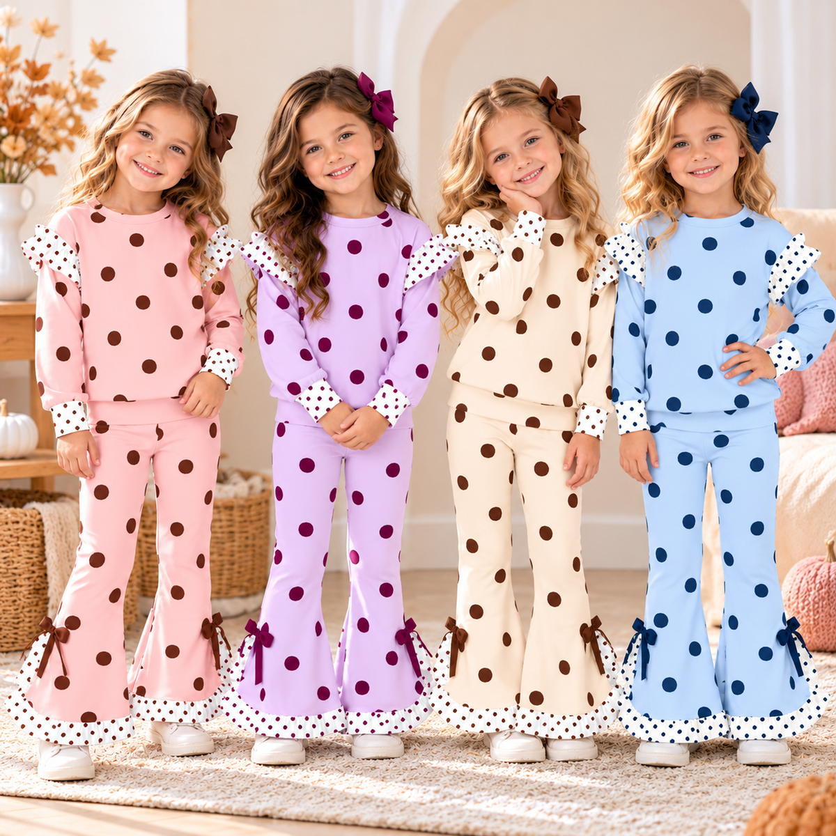 Girls Fall Winter Polka Dot Ruffle Flare Pants Set – Long Sleeve Sweatshirt & Bell Bottom Pants Outfit