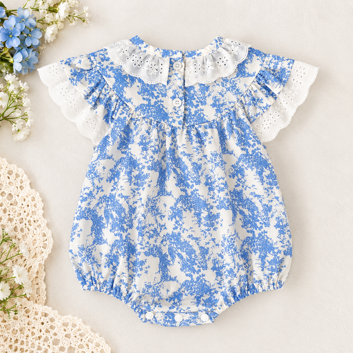 Girls Blue Floral Smocked Dress & Baby Romper – Cotton Summer Sister Matching Outfit