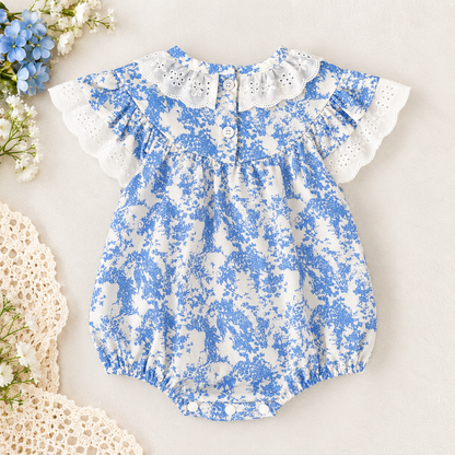 Girls Blue Floral Smocked Dress & Baby Romper – Cotton Summer Sister Matching Outfit