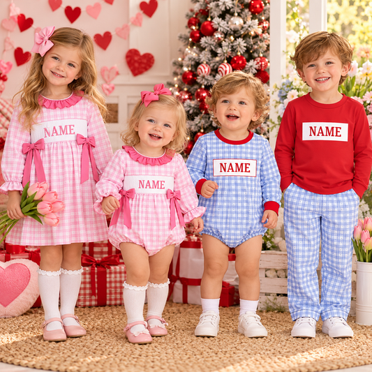Personalized Kids Valentine's Day & Christmas Smocked Outfits – Custom Name Embroidered Pink Gingham Dress, Baby Rompers & Boys Pants Set